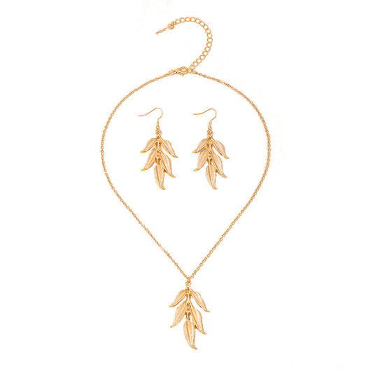 Retro Leaf Tassel Necklace and Earrings Jewelry Set