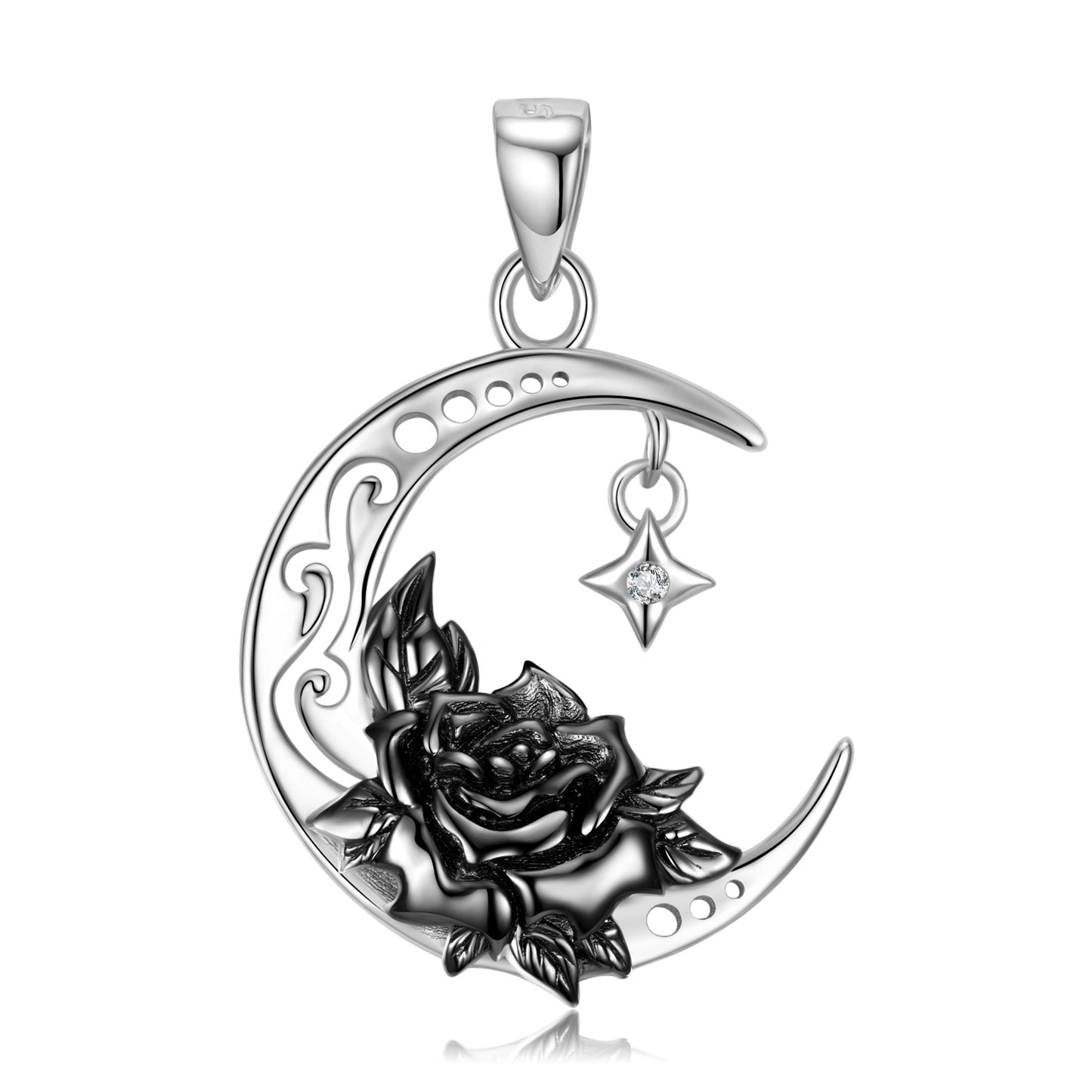 Black Water Lily Crescent Moon Pendant Silver Necklace