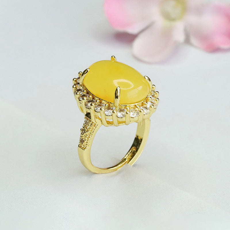 Honey Amber Halo Ring with Sterling Silver Butterfly Detail