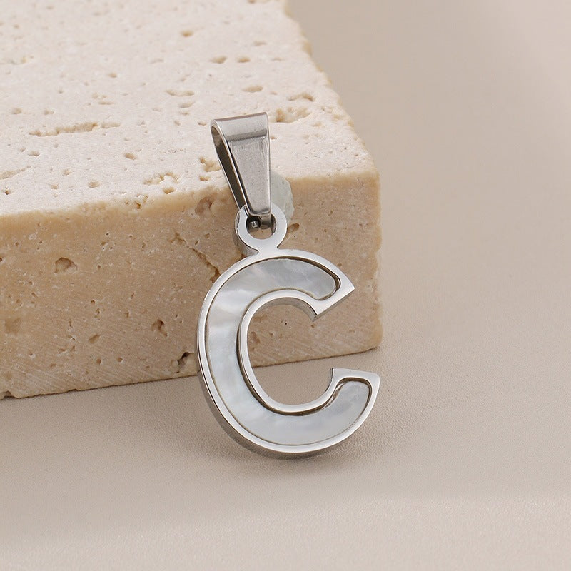 Women's'S Titanium Steel 26-Letter Pendant, White Fritillary Inlaid Stainless Steel Necklace