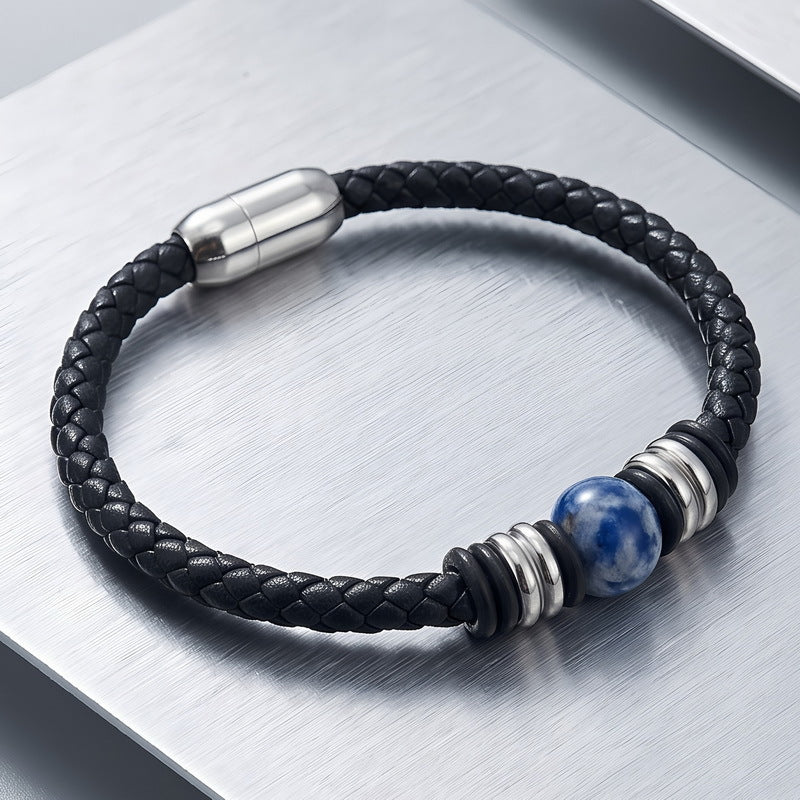 Woven Leather Rope Bracelet Tiger's Eye Stone Lapis Lazuli Magnetic Buckle Stainless