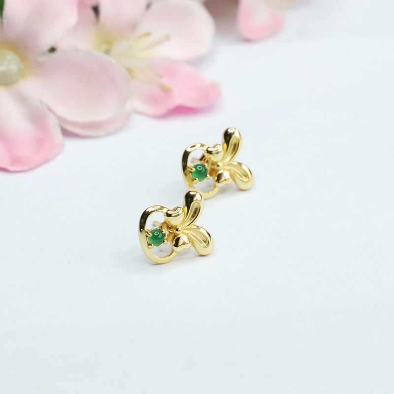 Whimsical Rabbit Bow Earrings with Natural Ice King Green Jade
