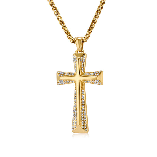 Planderful Premium Gold Plated Zircon Cross Necklace Titanium Steel Unisex Hip Hop Jewelry