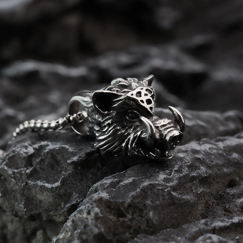 European And American Retro Men's Stainless Steel Pendant Punk Animal Wild Boar Head Necklace