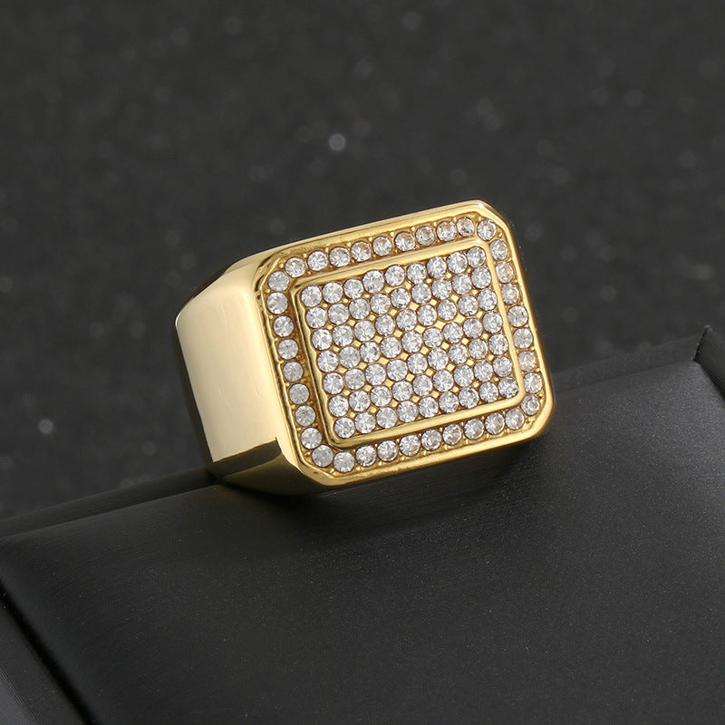 Hip-Hop Square Ring, Luxury Vacuum Plating Full Of Zircon Titanium Steel Men's Ring