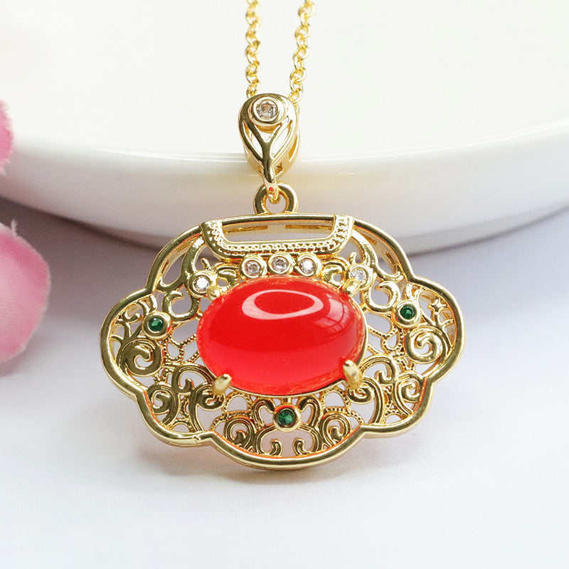 Oval Natural Red Agate Chalcedony Hollow Golden Wishful Lock Pendant Retro Jewelry