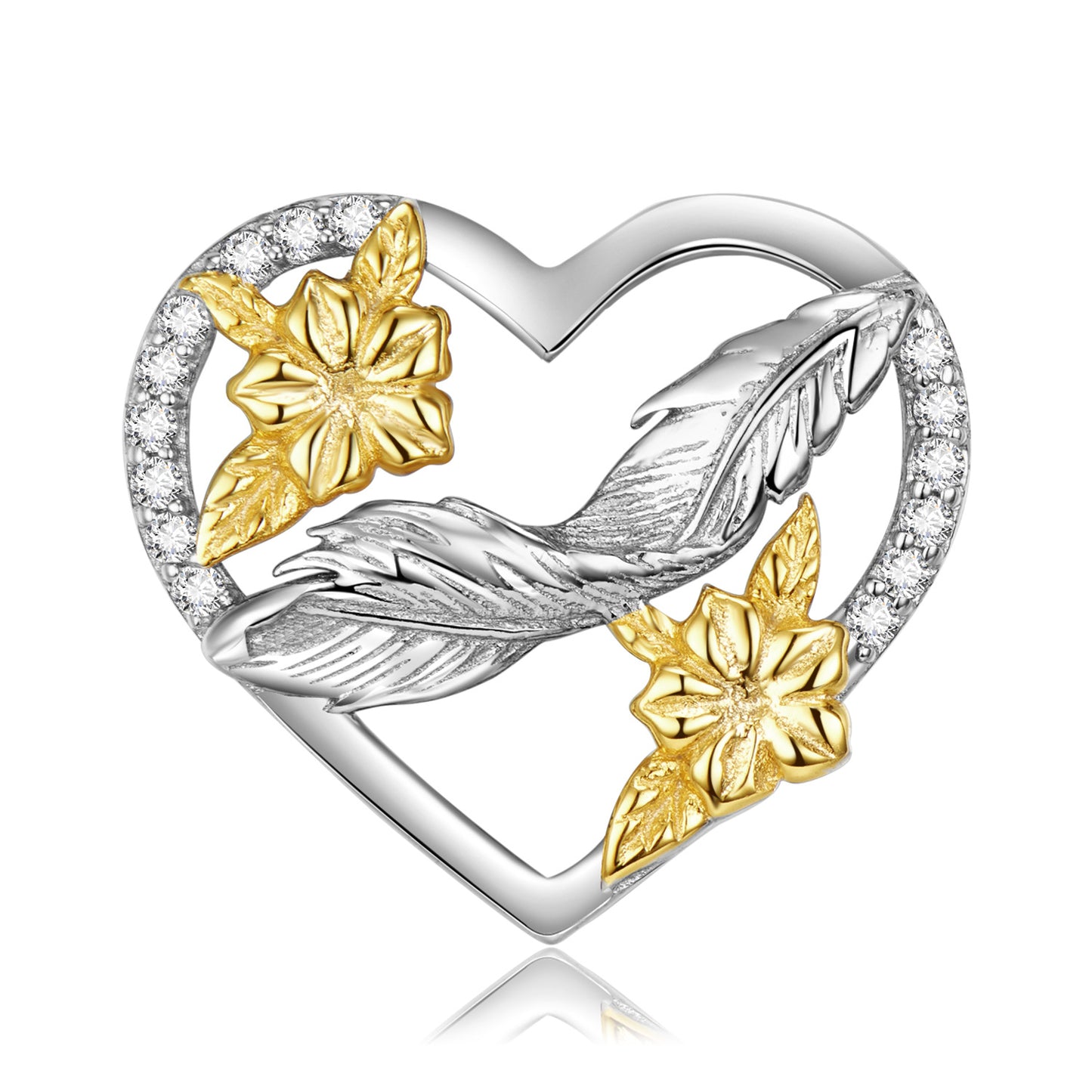 Feather and Golden Flowers Heart Shape Pendant Silver Necklace