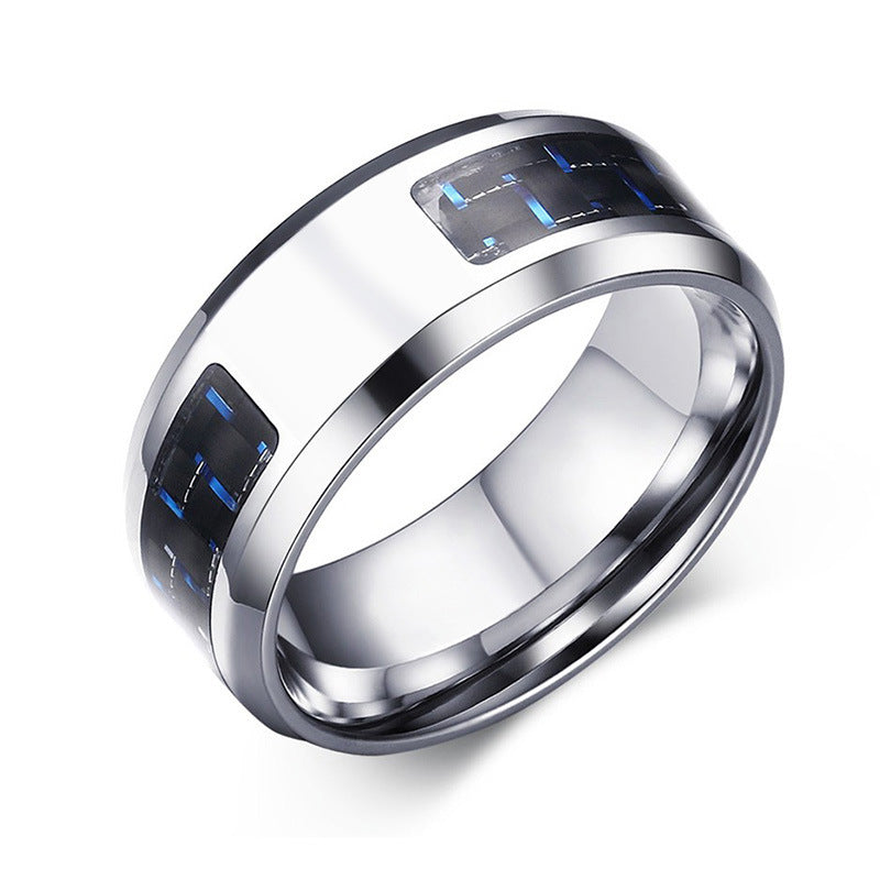 Face Width 8MM Stainless Steel Men's Ring Blue Black Carbon Fiber