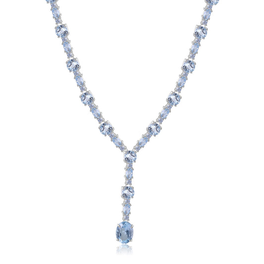 Banquet Jewelry Oval Natural Blue Topaz Tassel Silver Necklace