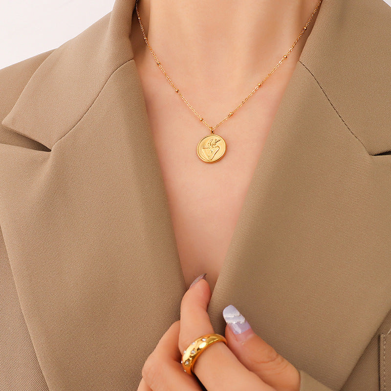 Luxurious Round Brand Necklace in Titanium Steel with 18K Gold Plating