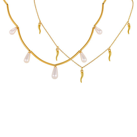 French Classic Pearl Necklace Clavicle Chain Stainless Steel Long Tube Water Drop