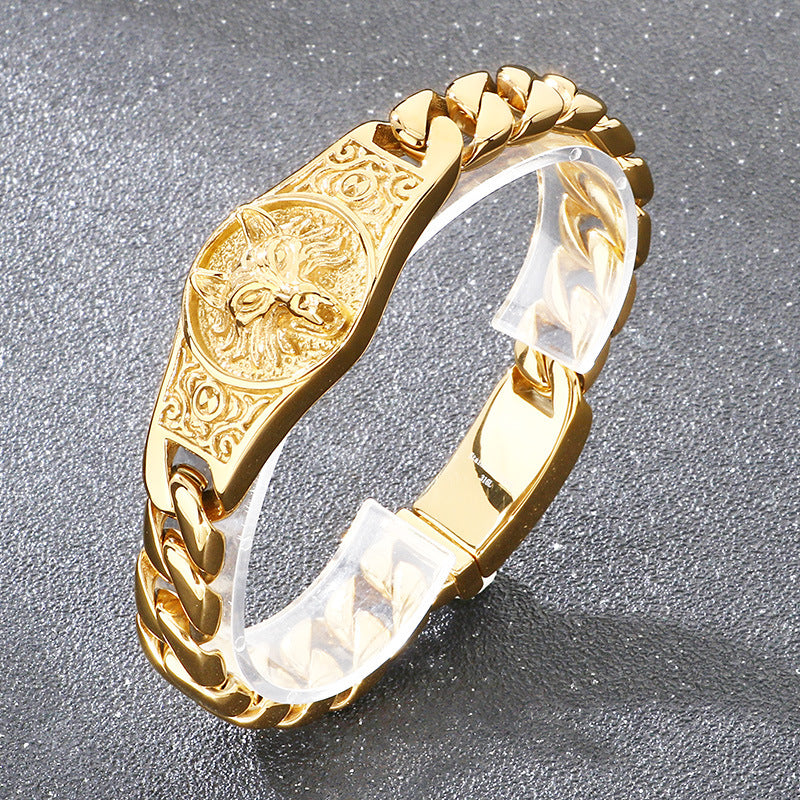 Punk Style – Wolf King Round Brand Layered Cuban Chain Titanium Bracelet