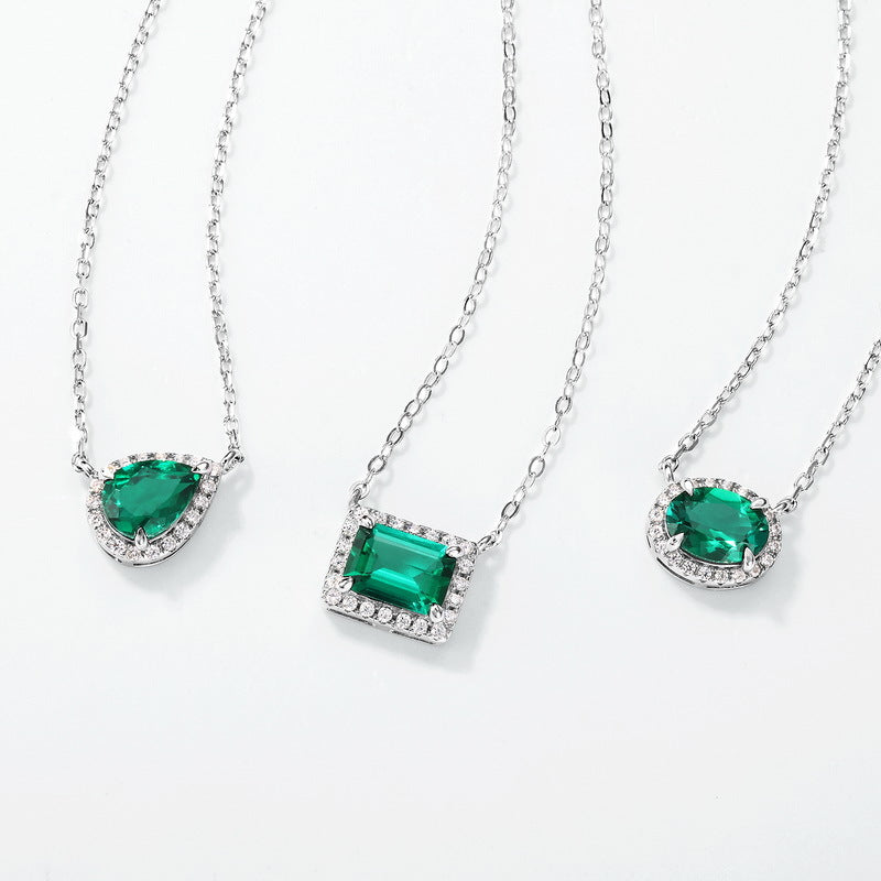 S925 Sterling Silver Lab-Grown Emerald Oval Vintage-Inspired Necklace