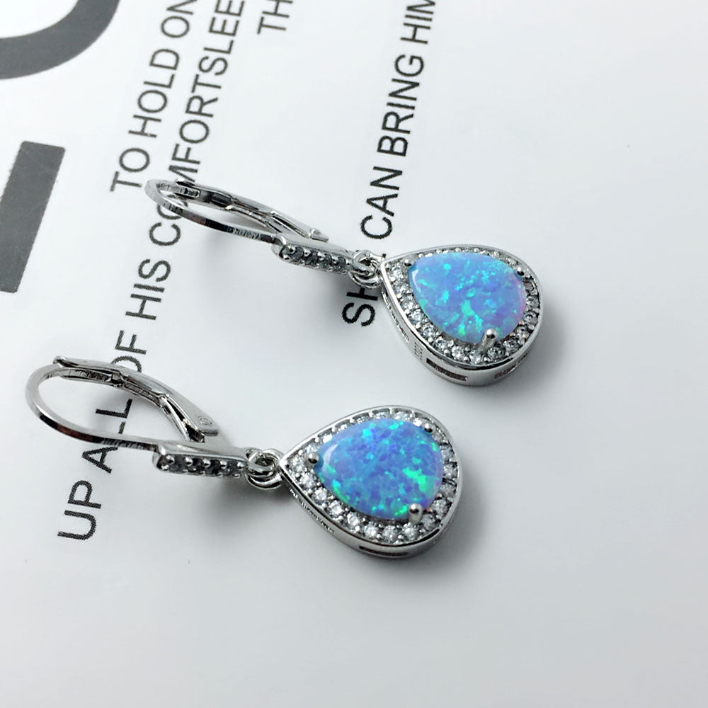 Blue Pear Shape Opal Zircon Soleste Halo Sterling Silver Hoop Earrings