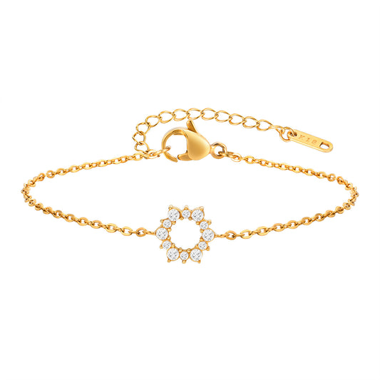 Stylish & Stainless Steel Flat Cross Chain Zircon Sunflower Bracelet Necklace Gold