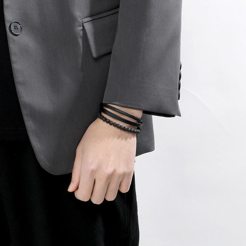 Multi-Layer Woven Leather Rope Titanium Steel Bracelet – Volcanic Stone Beaded Men's