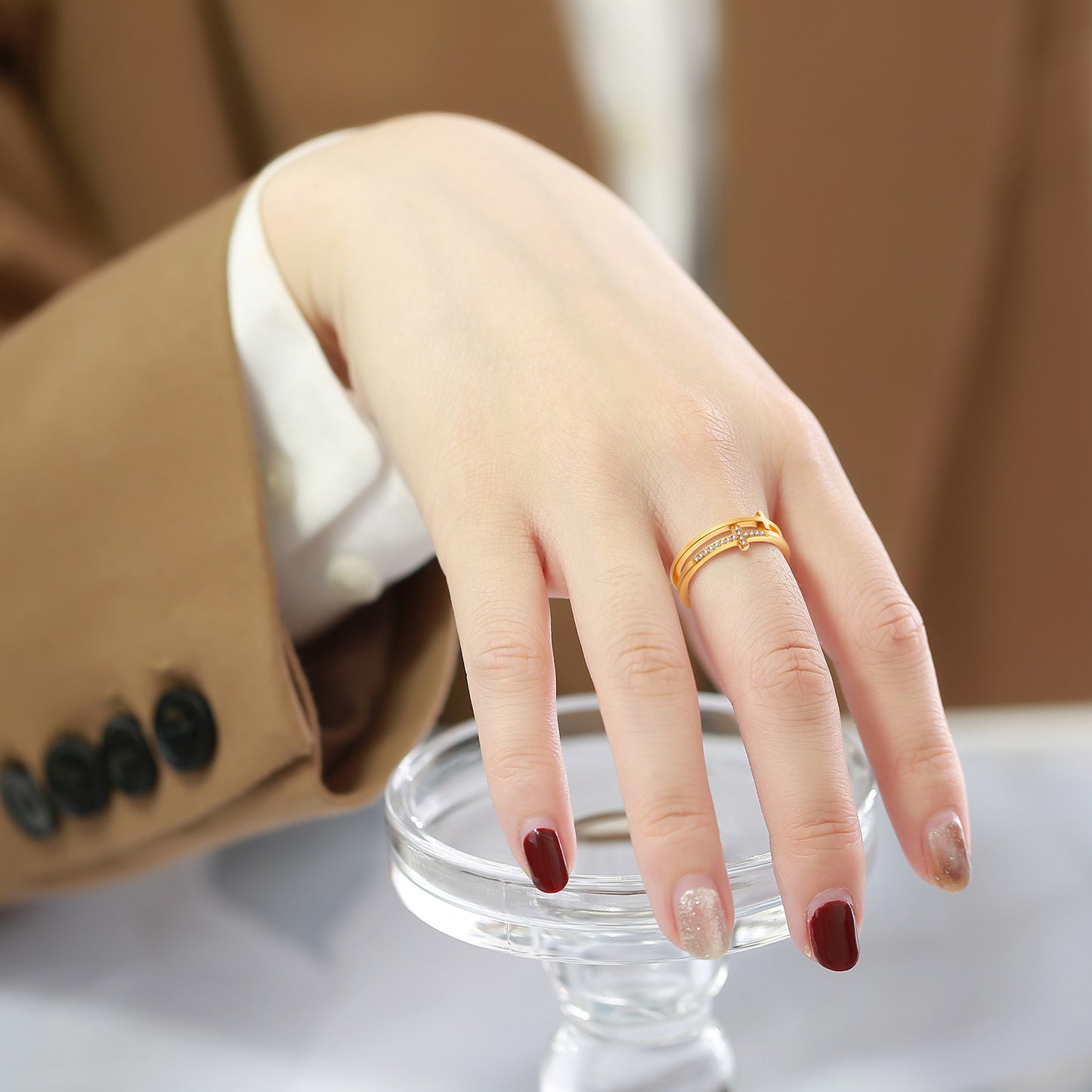 Stainless Steel Zircon Double Cross Ring Gold Women's Fashion