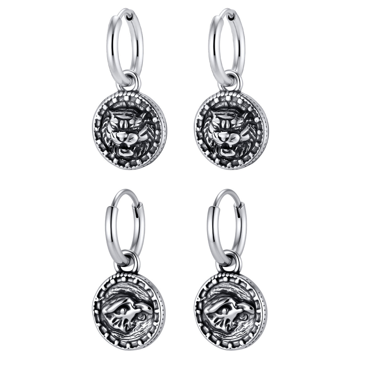 Antique Silver Medallion Hoop Earring — Single