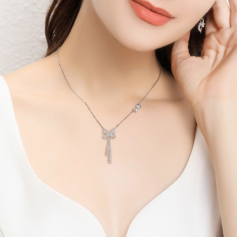 925 Sterling Silver Smart Fringed Bow Necklace High Version