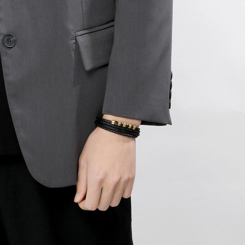 Stainless Steel Black Gold Beaded Leather Cord Bracelet – Multi-Layer Woven Magnetic