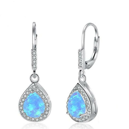 Planderful Jewelry Opal Earrings Blue Drop Sterling Silver With Zircon Halo