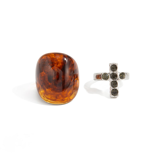 Planderful Vienna Verve Punk Zircon Cross Open Ring Set For European And American Fashion Lovers