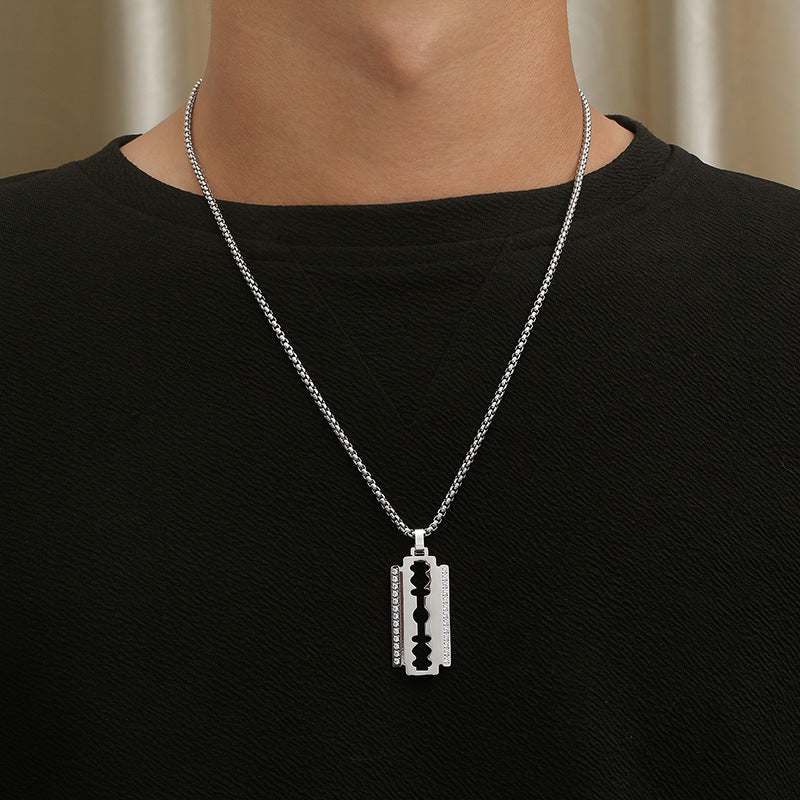Hip Hop, Rock Street Vacuum Plated Cnc Inlaid Zircon Blade Square Pearl Titanium Necklace