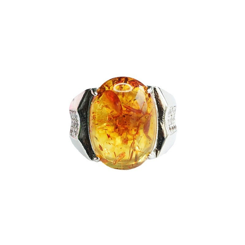 Ethnic Style Sterling Silver Beeswax Amber Ring with Adjustable Opening