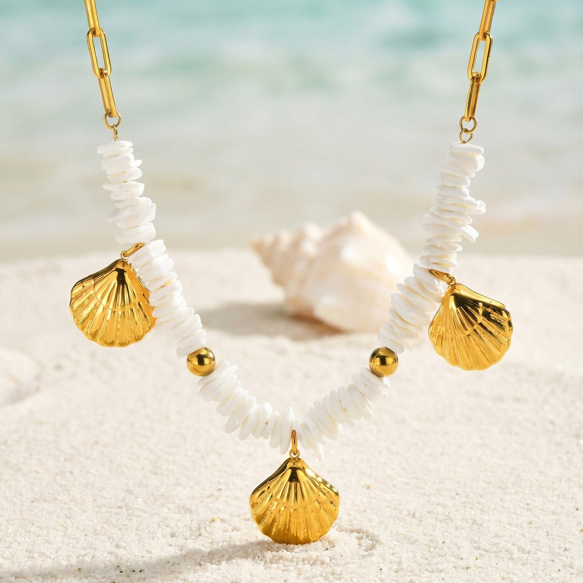 Stainless Steel Irregular Square Metal Shell Marine Series Necklace