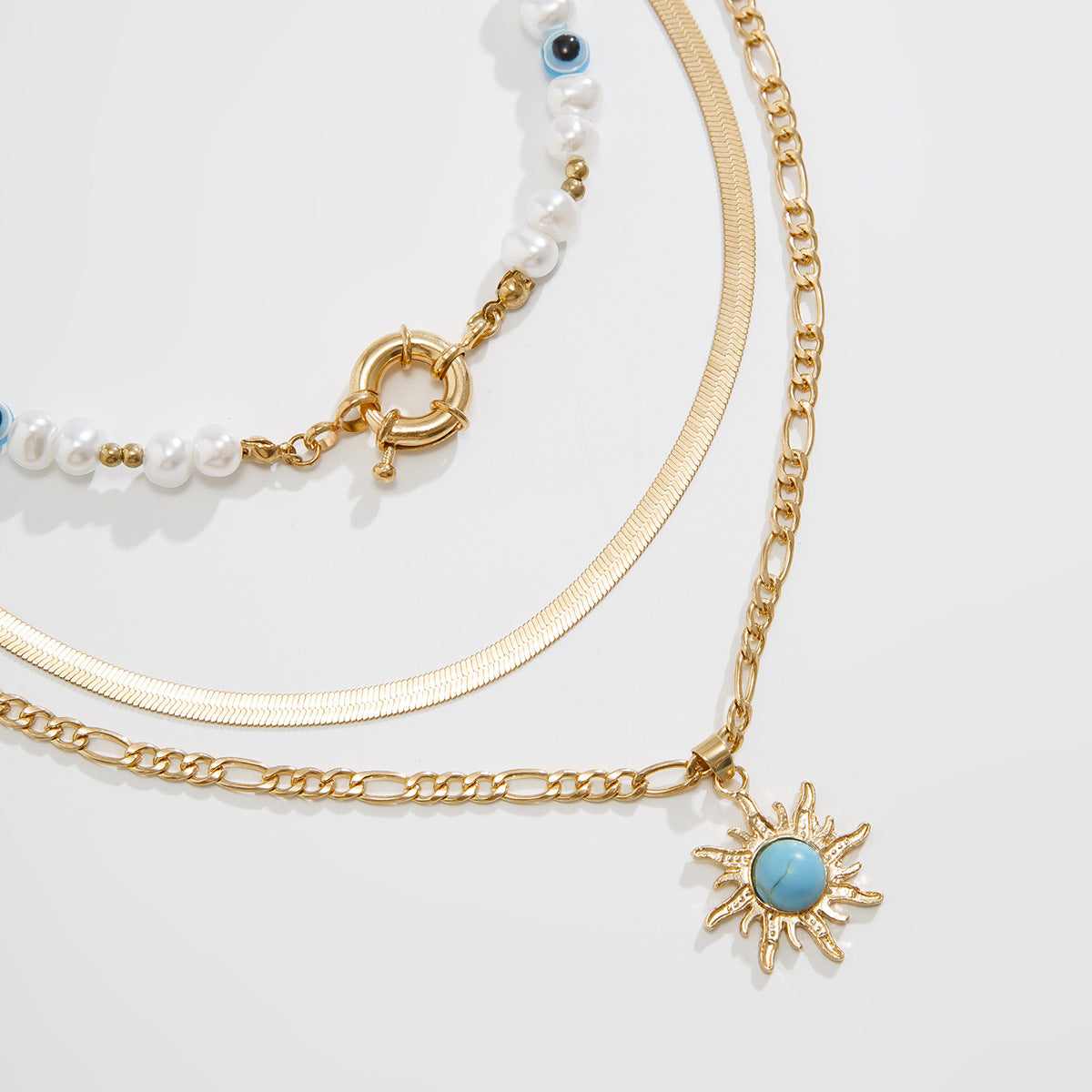 Court Retro Devil'S Eye Necklace Sun Pendant Irregular Pearl Multi-Layer Stacked Necklace