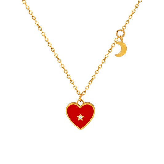 Peach Heart Zirconia Necklace with Lock Bone Chain