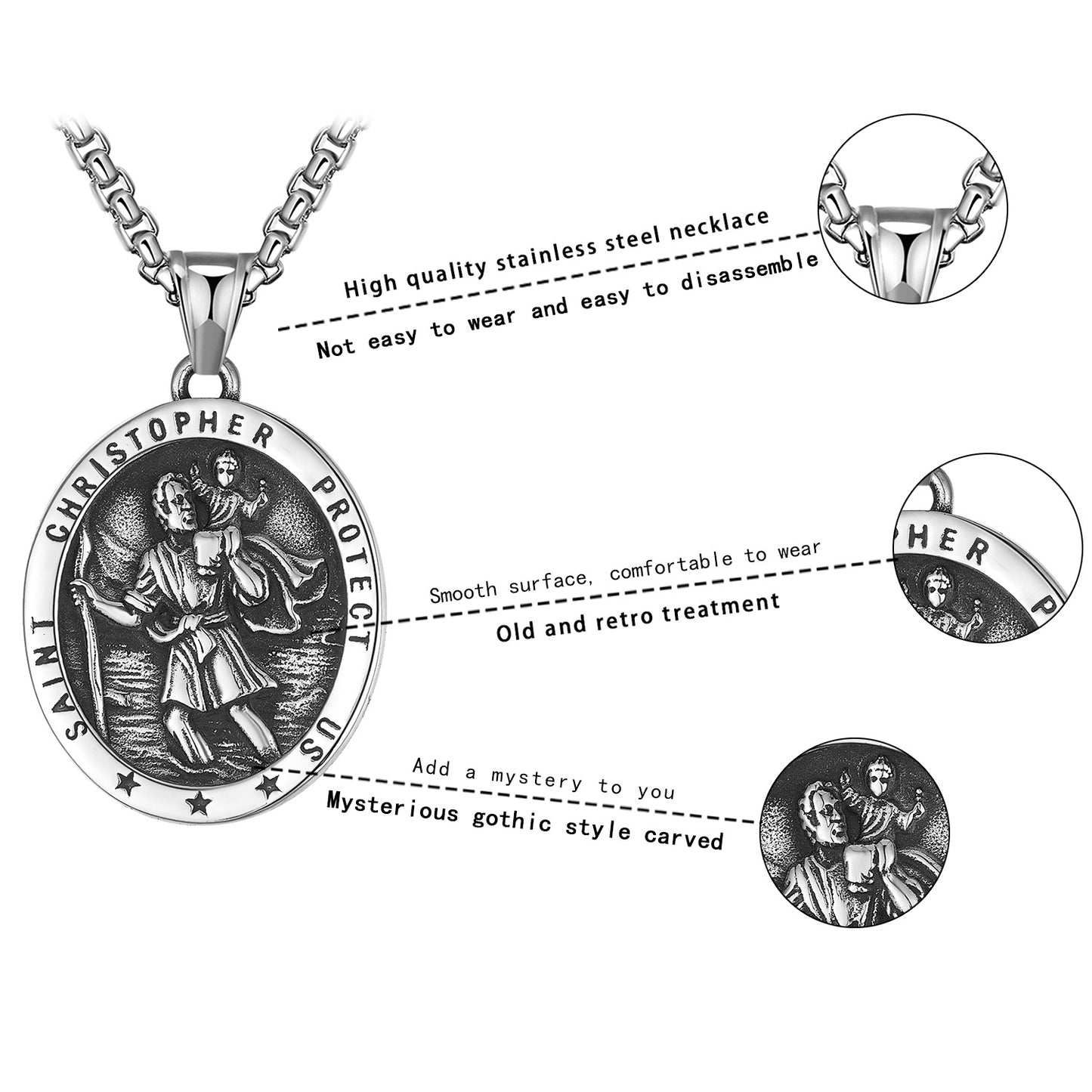 Stainless Steel Necklace - Elegant St. Christopher Pendant