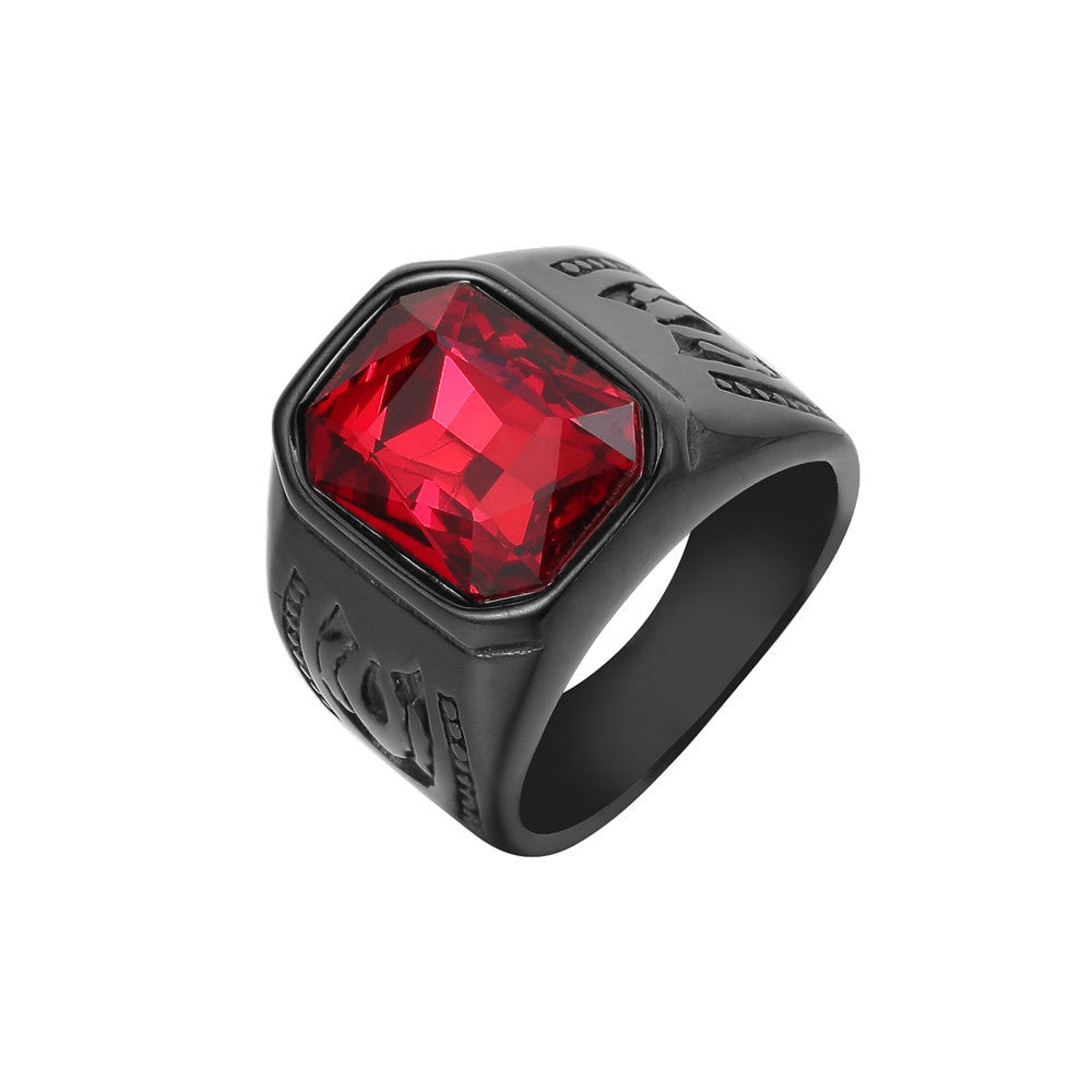 Planderful Titanium Steel Ring For Men And Unisex Personalized Retro Black Red Zircon Protection Statement