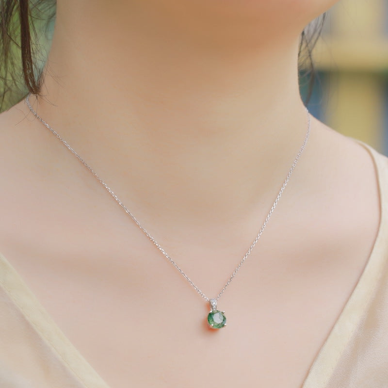 S925 Sterling Silver Moss Agate Geometric Pendant Necklace