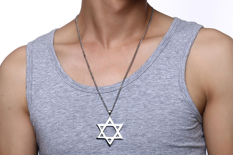 Simple And Stylish Men's Pendant Necklace 51MM Stainless Steel Hollow Hexagram Pendant