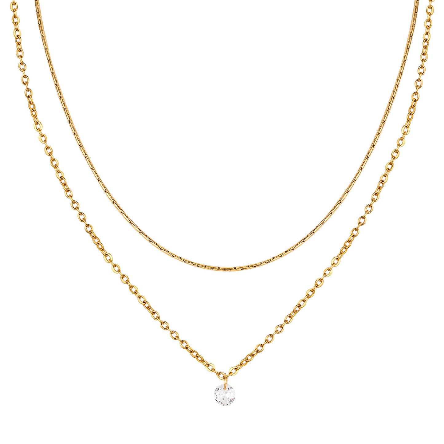 Stainless Steel Double Chain White Zircon Gold Necklace Female