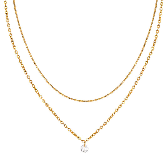 Stainless Steel Double Chain White Zircon Gold Necklace Female