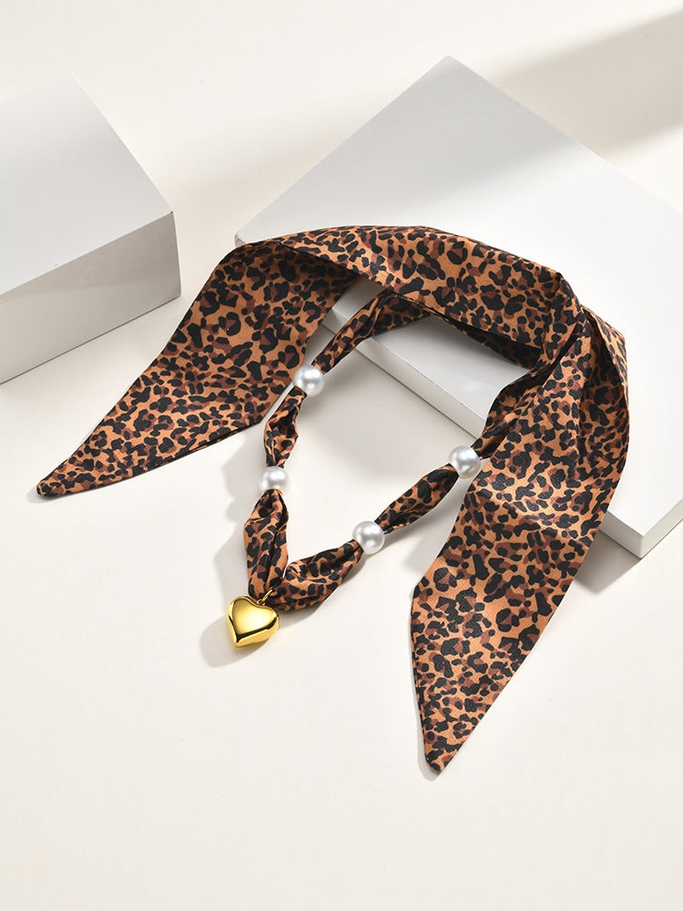 Maillard Leopard Print Silk Scarf Women's Stainless Steel Imitation Pearl Sunflower Design Necklace