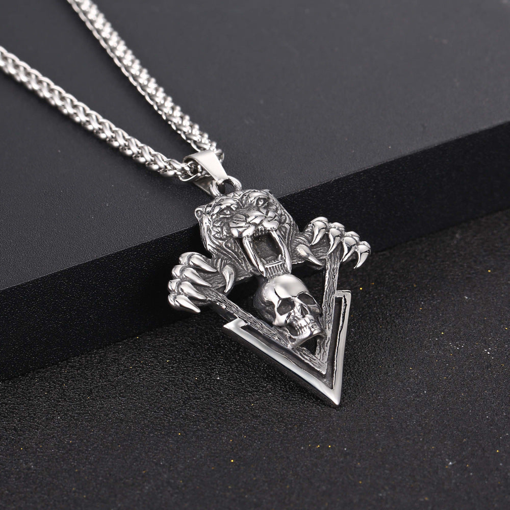 Titanium Steel Saber-Toothed Tiger Pendant Necklace with Retro Skull Design for Men