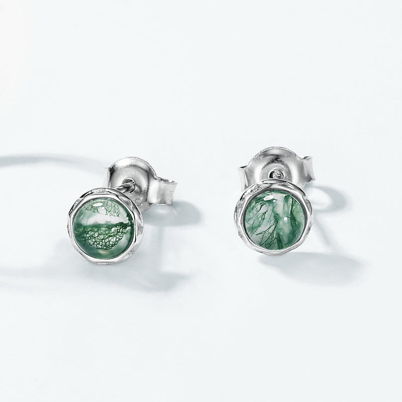 S925 Sterling Silver Moss Agate Minimalist Stud Earrings