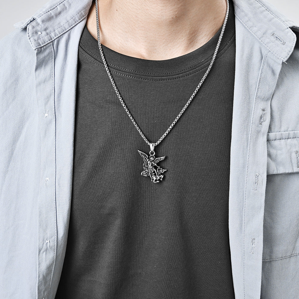 Planderful St Michael Archangel Necklace Fade Resistant Steel Chain Vintage Design Patron Saint Jewelry For Faith Lovers