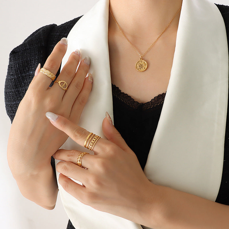 Zircon Star and Moon Gold-Plated Titanium Steel Pendant Necklace