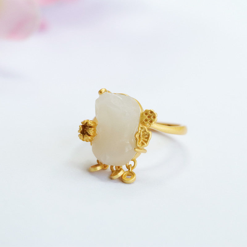 925 Sterling Silver White Hetian Jade Pixiu Ring
