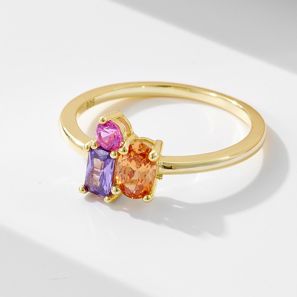 S925 Silver Geometric Rectangular Oval Colored Zircon Ring Wind Colored Treasure Ring