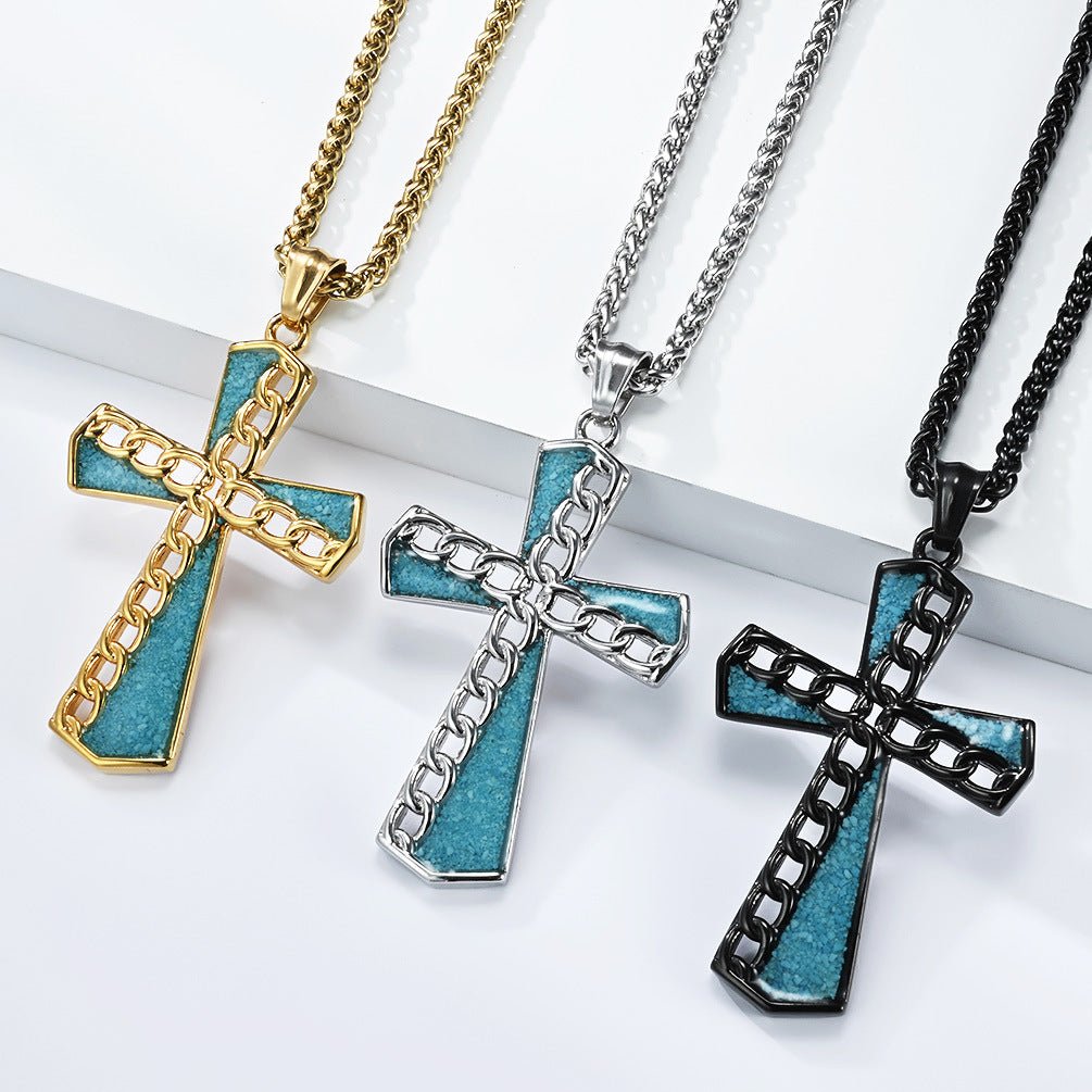 Turquoise Titanium Steel Cross Necklace For Men Unisex Nordic Style Pendant Protection Statement Planderful