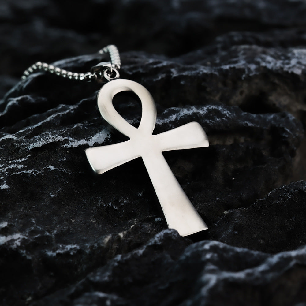 Vintage Men's Stainless Steel Pendant Necklace Egyptian Anka Cross