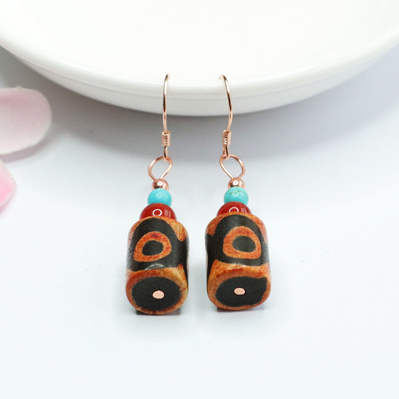 Three-Eye Dzi Agate 925 Silver Hook Earrings