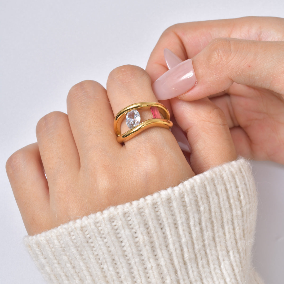 Stainless Steel Wave Lips Two-Color Zircon Ring