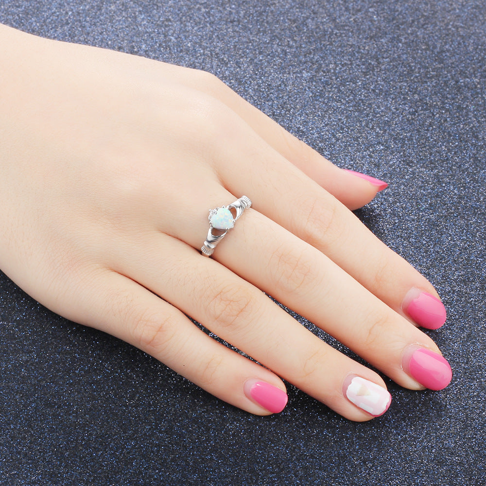 Planderful Jewelry Opal Ring Sterling Silver Ring, Hand Holding Love Design, Everyday Genie