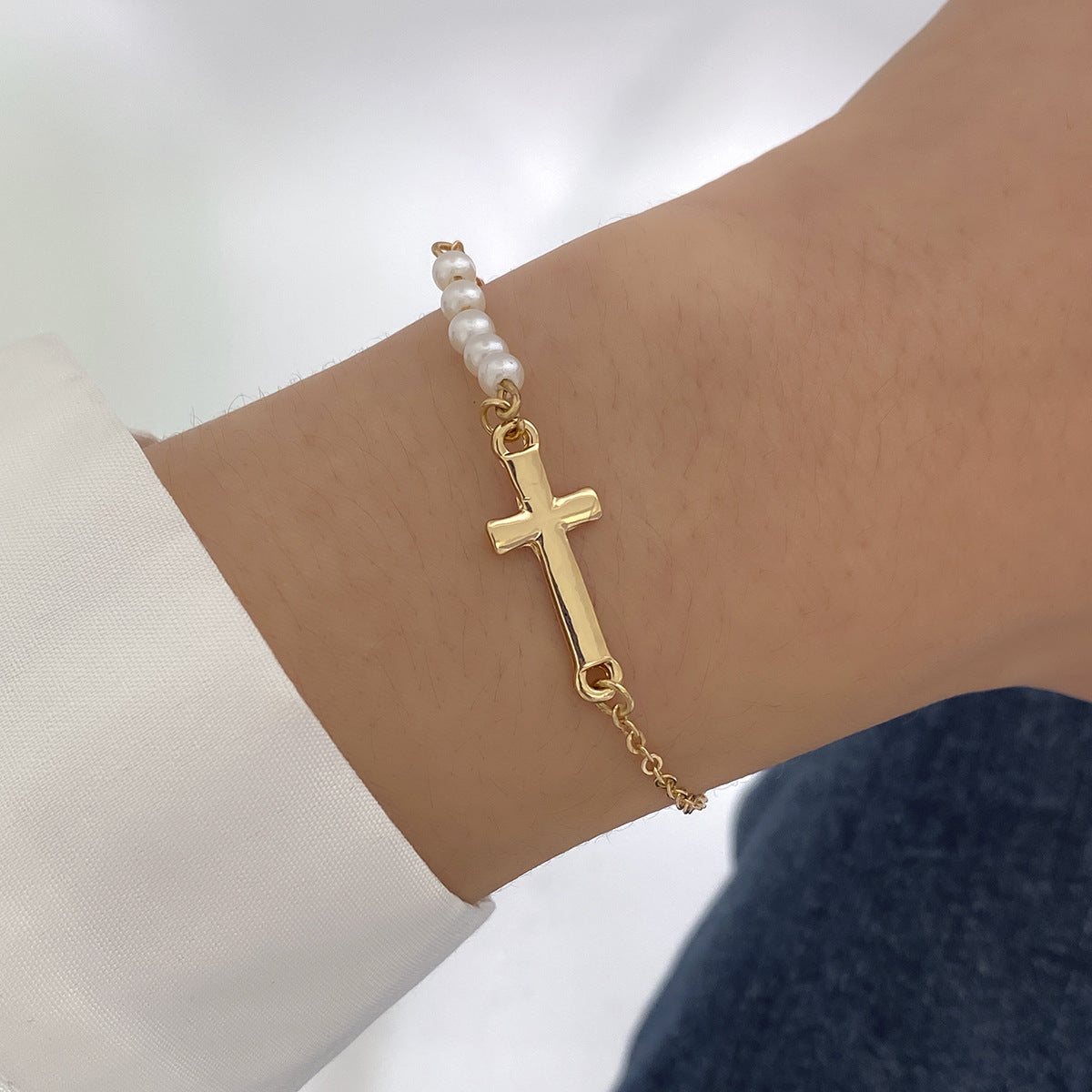 Planderful Vienna Verve Geometric Chain Bracelet For Women With Faux Pearl Cross Accent Versatile Statement Jewelry